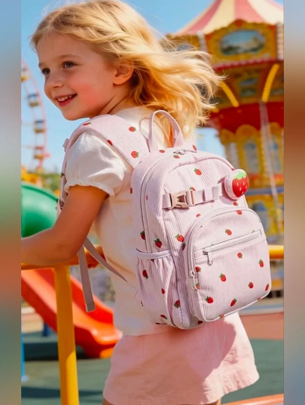 Girls Pink Strawberry Print Kids Backpack